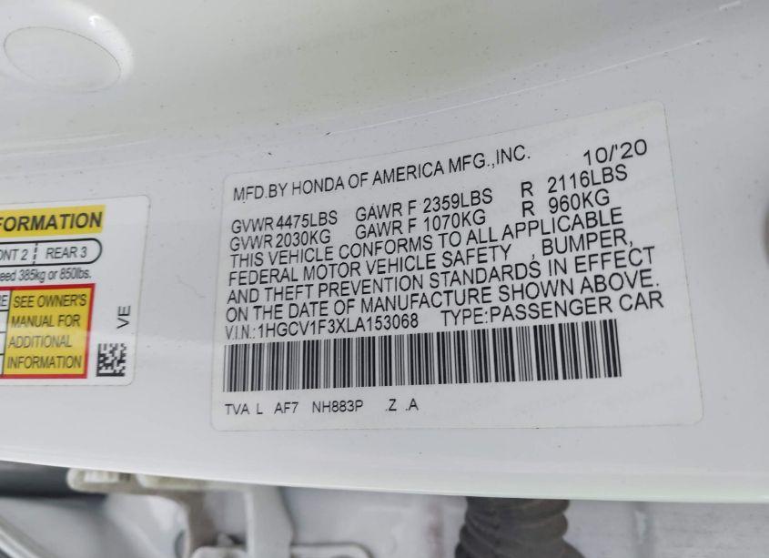 Photo 9 of 2020 Honda Accord SPORT (VIN 1HGCV1F3XLA153068)