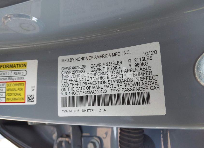 Photo 9 of 2021 Honda Accord SPORT (VIN 1HGCV1F3XMA000420)