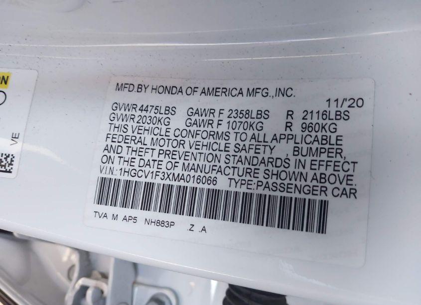 Photo 9 of 2021 Honda Accord SPORT (VIN 1HGCV1F3XMA016066)