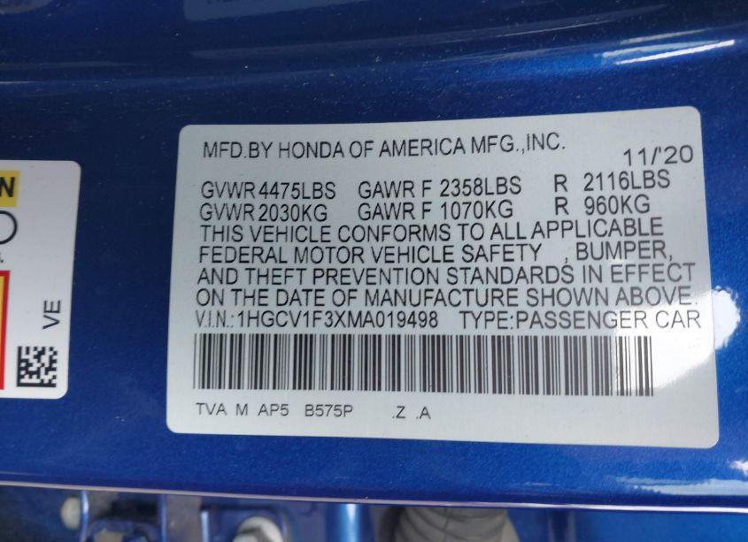 Photo 9 of 2021 Honda Accord SPORT (VIN 1HGCV1F3XMA019498)