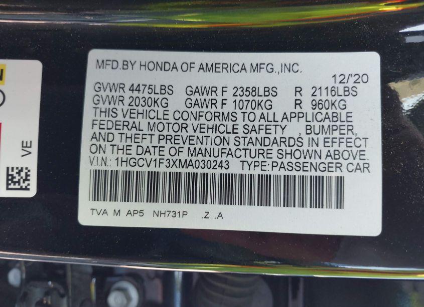 Photo 9 of 2021 Honda Accord SPORT (VIN 1HGCV1F3XMA030243)