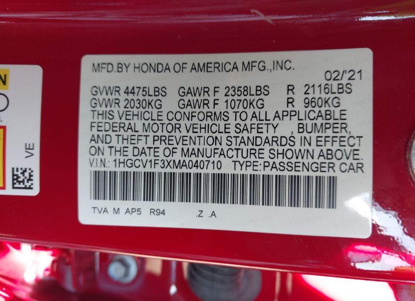 Photo 9 of 2021 Honda Accord SPORT (VIN 1HGCV1F3XMA040710)