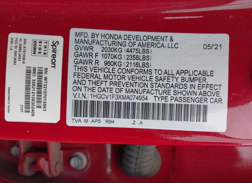 Photo 9 of 2021 Honda Accord SPORT (VIN 1HGCV1F3XMA074954)
