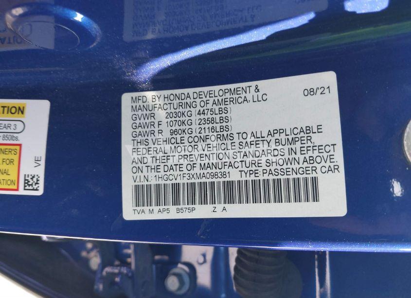 Photo 9 of 2021 Honda Accord SPORT (VIN 1HGCV1F3XMA098381)