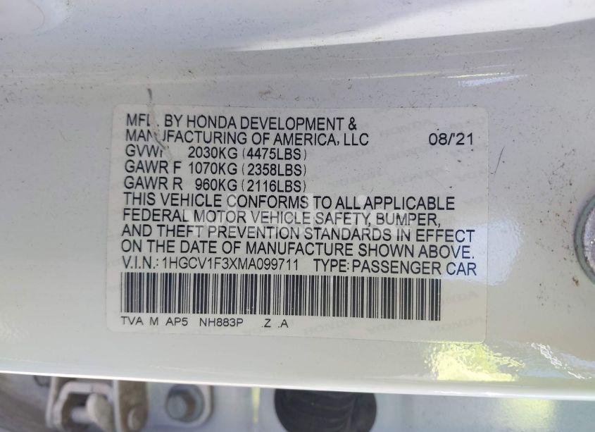 Photo 9 of 2021 Honda Accord SPORT (VIN 1HGCV1F3XMA099711)
