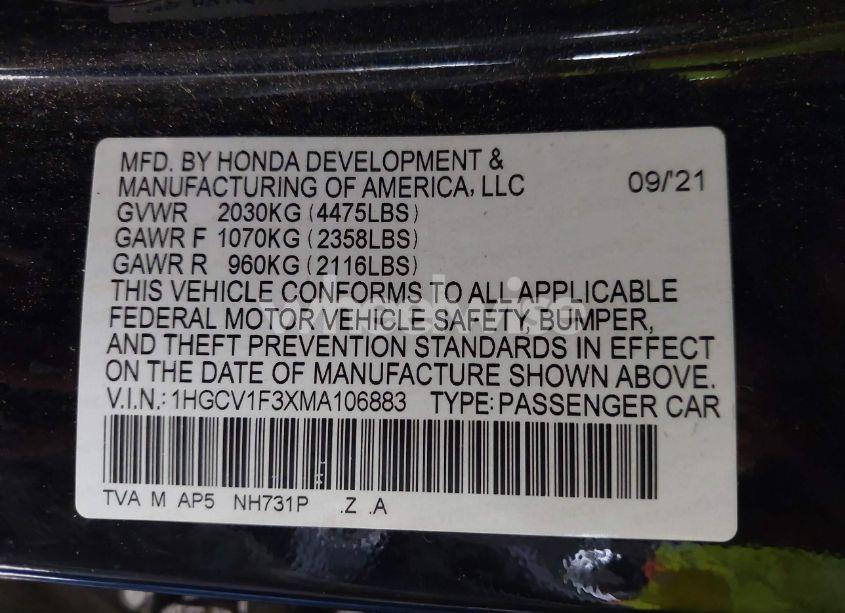 Photo 9 of 2021 Honda Accord SPORT (VIN 1HGCV1F3XMA106883)