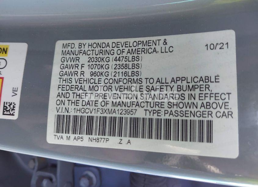Photo 9 of 2021 Honda Accord SPORT (VIN 1HGCV1F3XMA123957)
