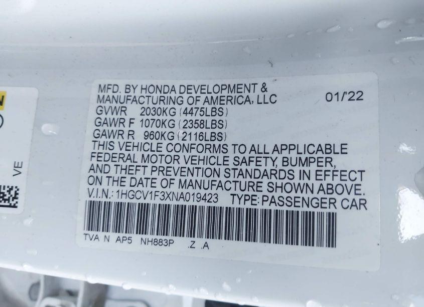 Photo 9 of 2022 Honda Accord SPORT (VIN 1HGCV1F3XNA019423)