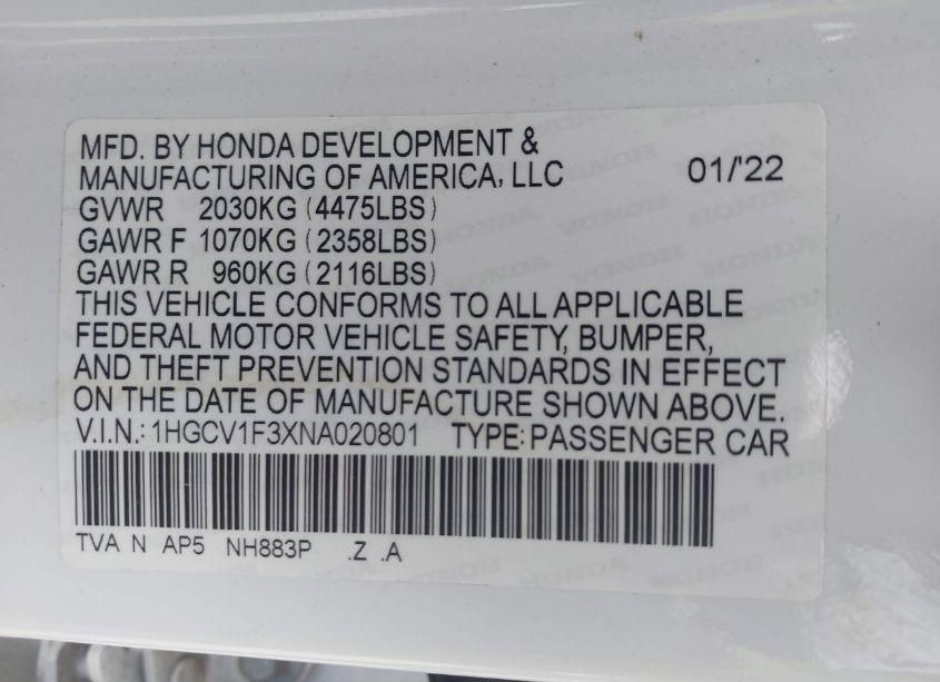 Photo 9 of 2022 Honda Accord SPORT (VIN 1HGCV1F3XNA020801)