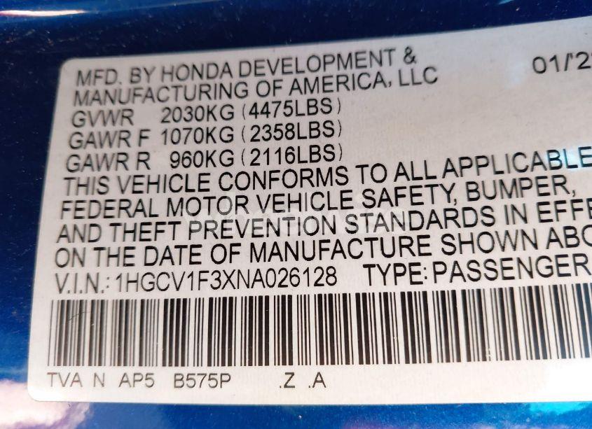 Photo 9 of 2022 Honda Accord SPORT (VIN 1HGCV1F3XNA026128)