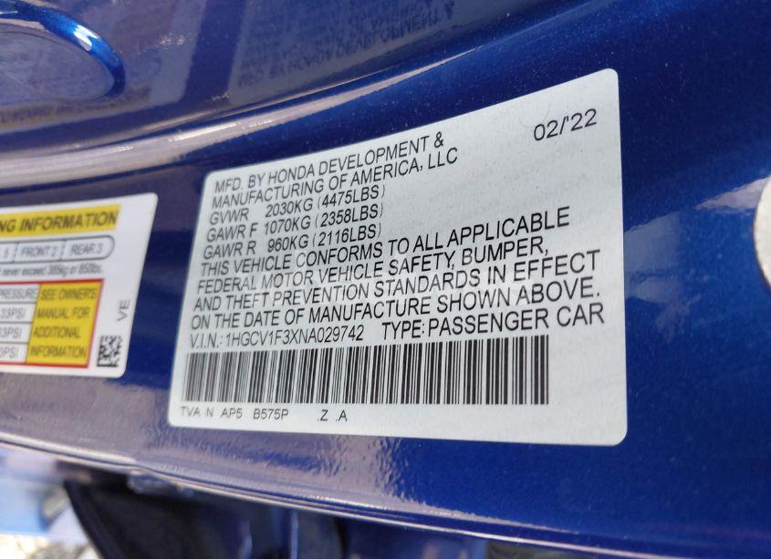 Photo 9 of 2022 Honda Accord SPORT (VIN 1HGCV1F3XNA029742)