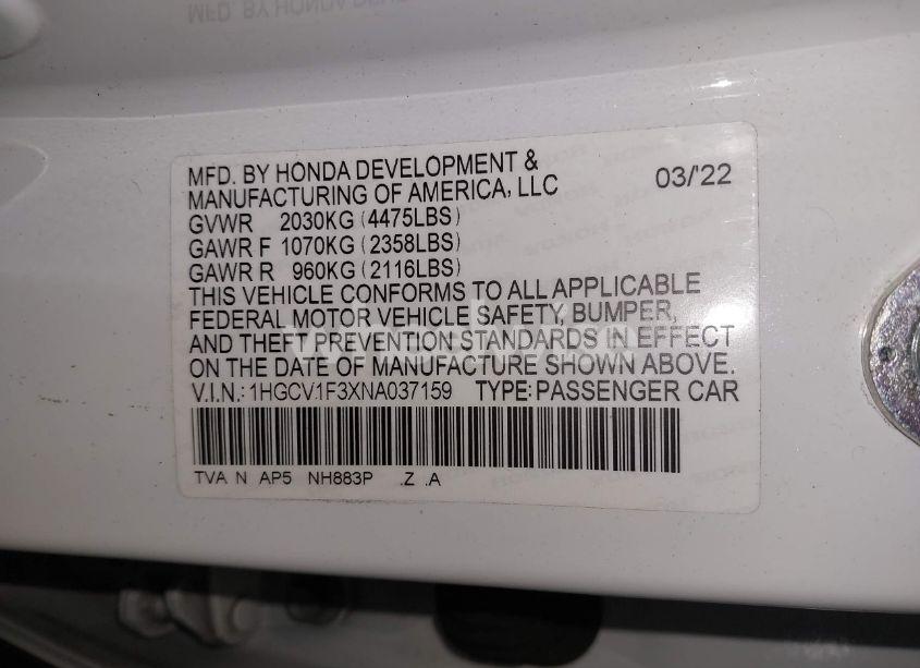 Photo 9 of 2022 Honda Accord SPORT (VIN 1HGCV1F3XNA037159)