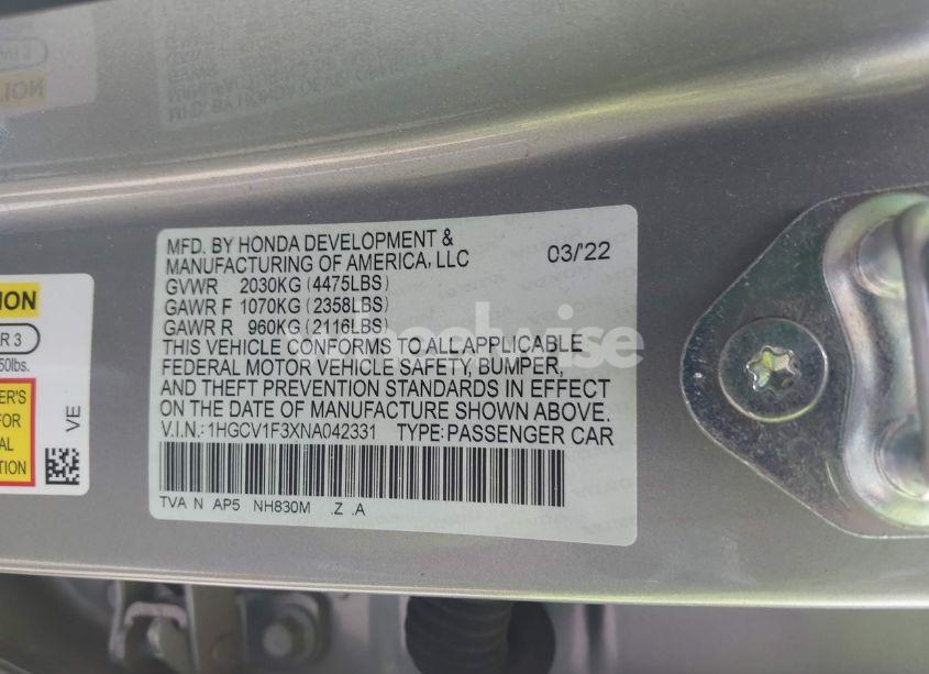 Photo 9 of 2022 Honda Accord SPORT (VIN 1HGCV1F3XNA042331)