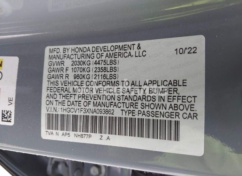 Photo 9 of 2022 Honda Accord SPORT (VIN 1HGCV1F3XNA093862)