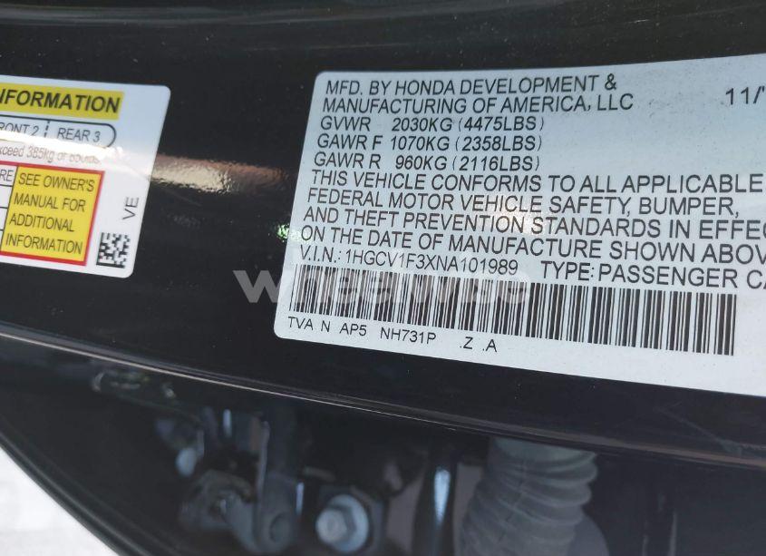 Photo 9 of 2022 Honda Accord SPORT (VIN 1HGCV1F3XNA101989)