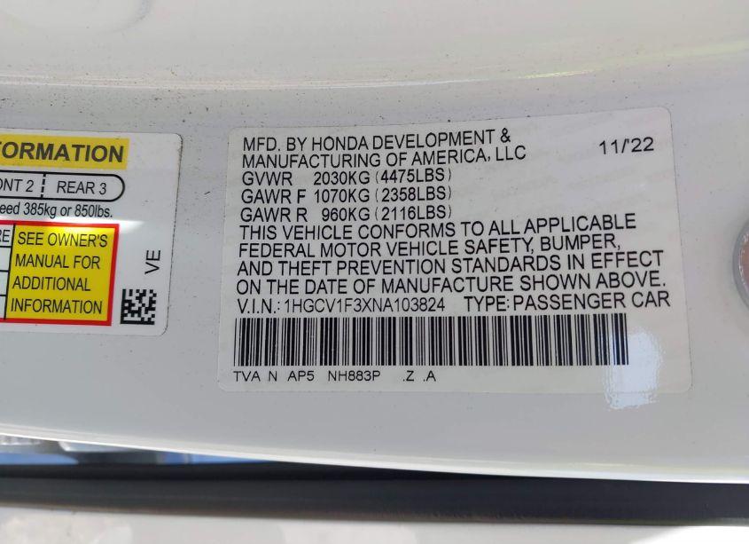 Photo 9 of 2022 Honda Accord SPORT (VIN 1HGCV1F3XNA103824)