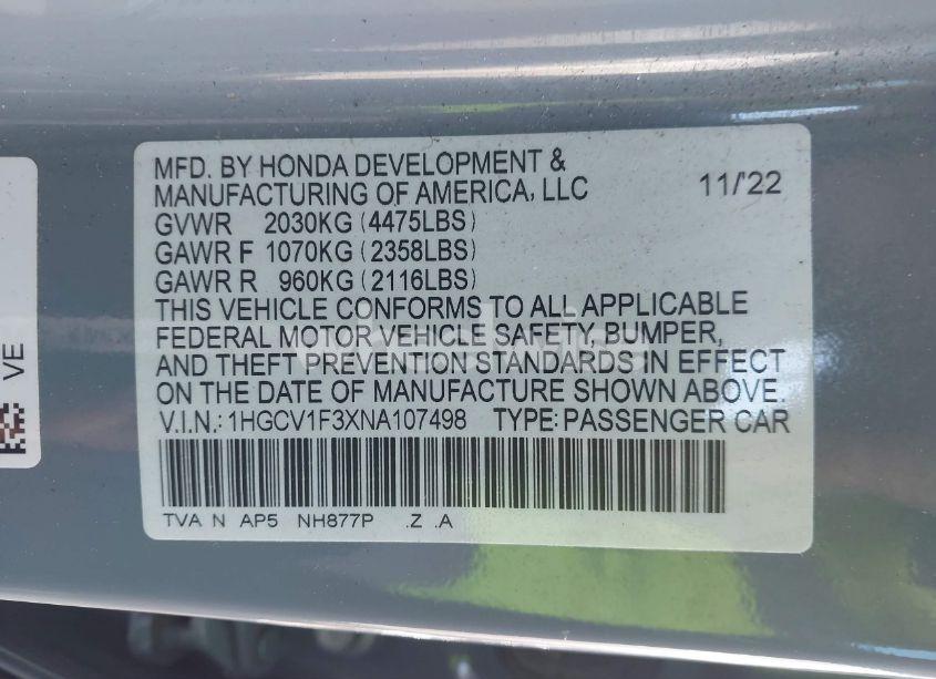 Photo 9 of 2022 Honda Accord SPORT (VIN 1HGCV1F3XNA107498)
