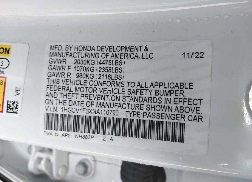 Photo 9 of 2022 Honda Accord SPORT (VIN 1HGCV1F3XNA110790)