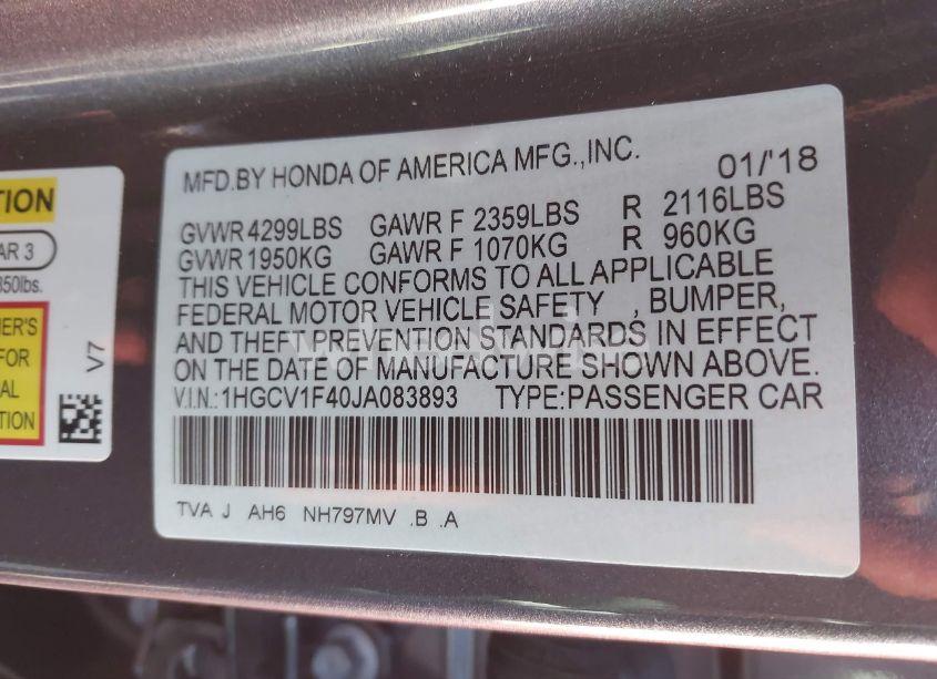 Photo 9 of 2018 Honda Accord EX (VIN 1HGCV1F40JA083893)