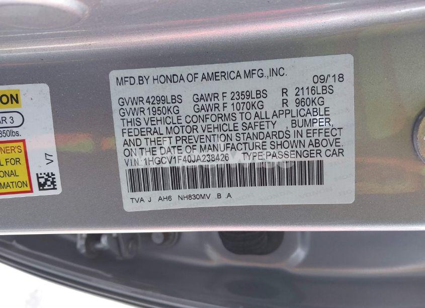 Photo 9 of 2018 Honda Accord EX (VIN 1HGCV1F40JA238426)