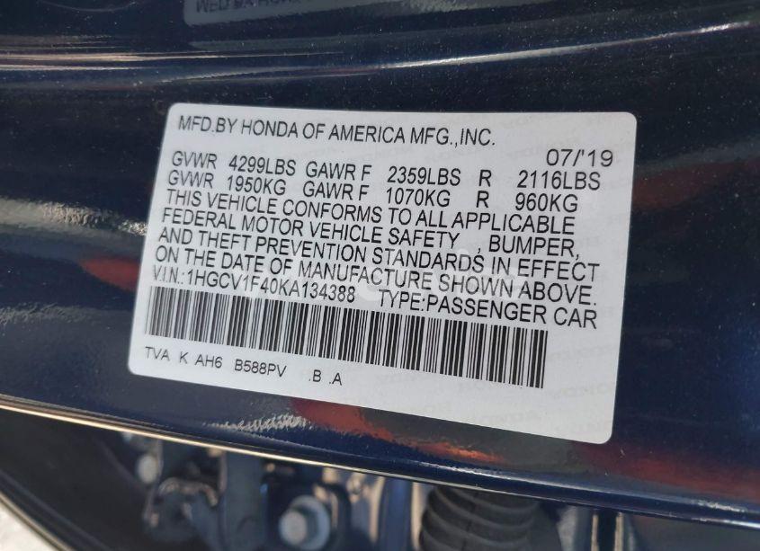 Photo 9 of 2019 Honda Accord EX (VIN 1HGCV1F40KA134388)