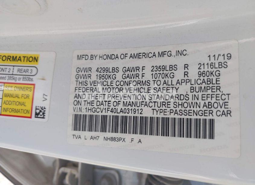 Photo 9 of 2020 Honda Accord EX (VIN 1HGCV1F40LA031912)