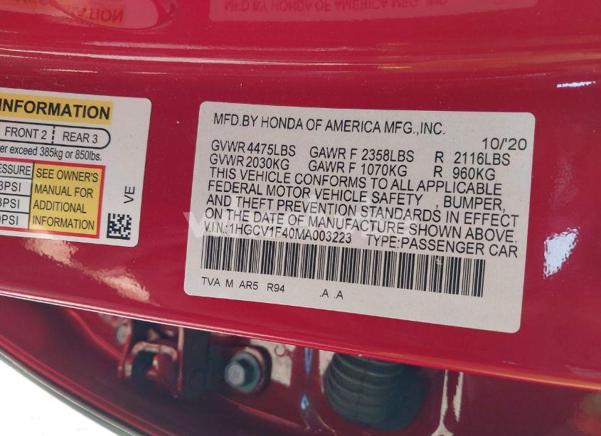 Photo 9 of 2021 Honda Accord SPORT SPECIAL EDITION (VIN 1HGCV1F40MA003223)