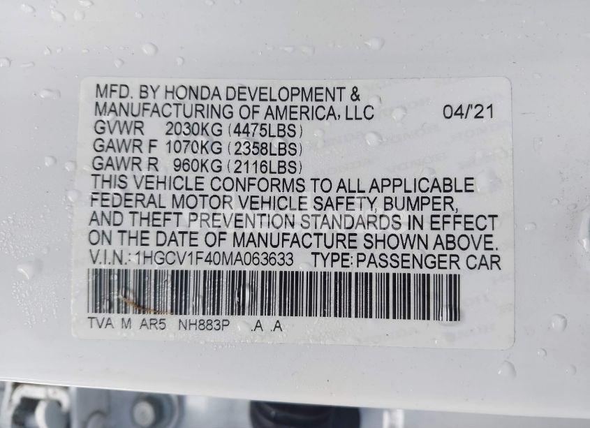 Photo 9 of 2021 Honda Accord SPORT SPECIAL EDITION (VIN 1HGCV1F40MA063633)