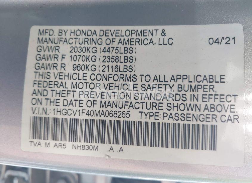 Photo 9 of 2021 Honda Accord SPORT SPECIAL EDITION (VIN 1HGCV1F40MA068265)