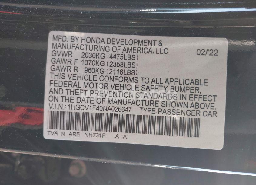 Photo 9 of 2022 Honda Accord SPORT SE (VIN 1HGCV1F40NA026647)