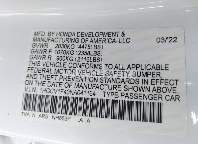 Photo 9 of 2022 Honda Accord SPORT SPECIAL EDITION (VIN 1HGCV1F40NA041164)