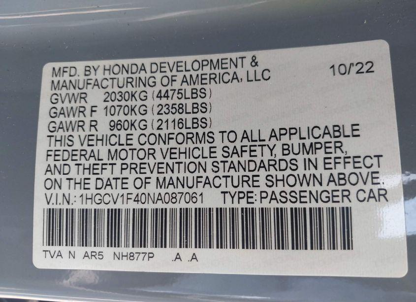 Photo 9 of 2022 Honda Accord SPORT SPECIAL EDITION (VIN 1HGCV1F40NA087061)