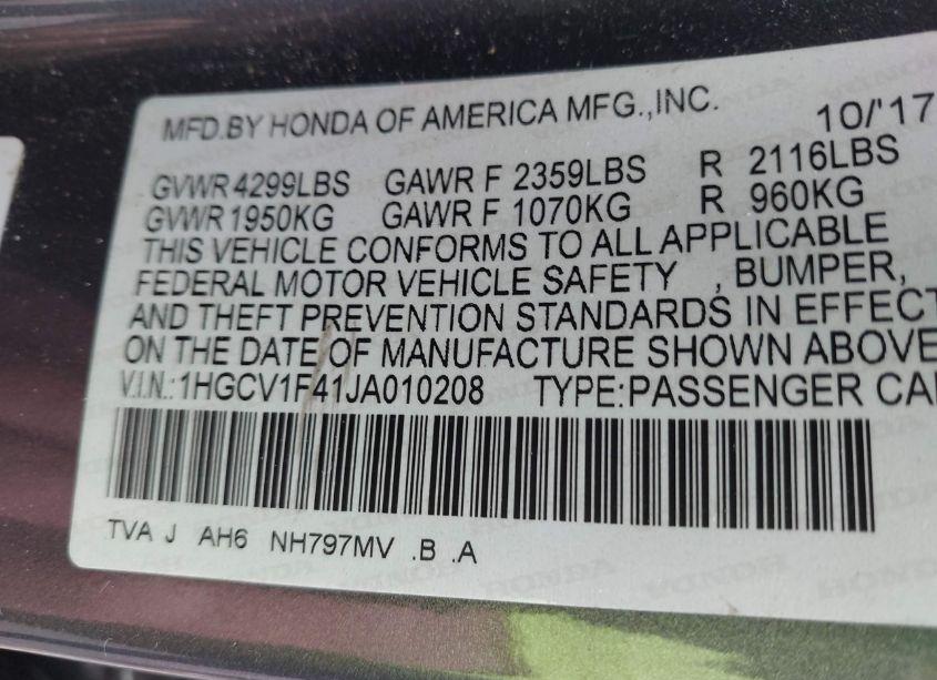 Photo 9 of 2018 Honda Accord EX (VIN 1HGCV1F41JA010208)