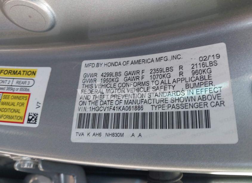 Photo 9 of 2019 Honda Accord EX (VIN 1HGCV1F41KA061886)