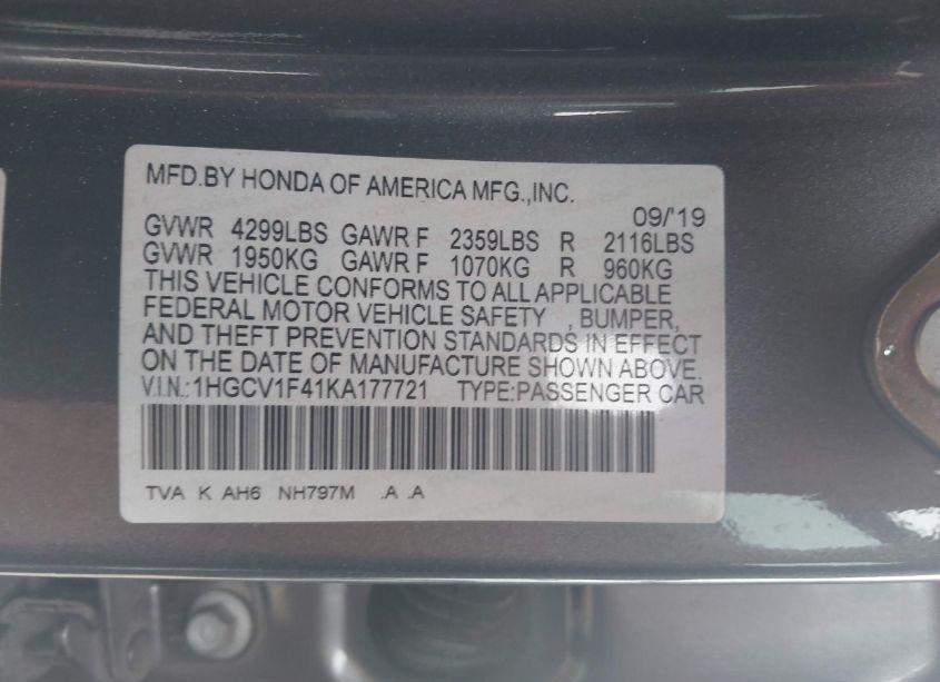 Photo 9 of 2019 Honda Accord EX (VIN 1HGCV1F41KA177721)