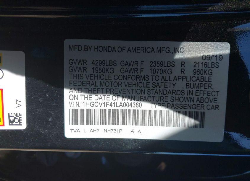 Photo 9 of 2020 Honda Accord EX (VIN 1HGCV1F41LA004380)