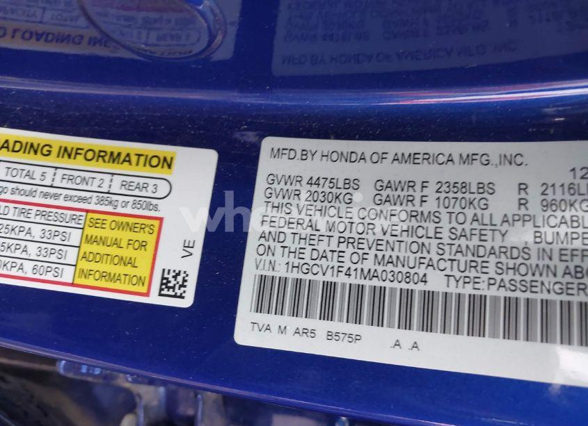 Photo 9 of 2021 Honda Accord SPORT SPECIAL EDITION (VIN 1HGCV1F41MA030804)