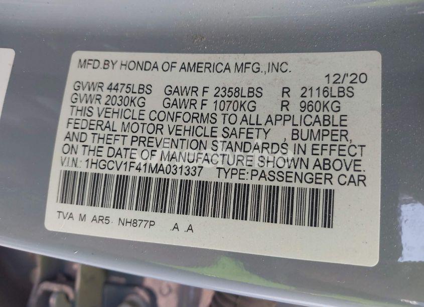 Photo 9 of 2021 Honda Accord SPORT SPECIAL EDITION (VIN 1HGCV1F41MA031337)