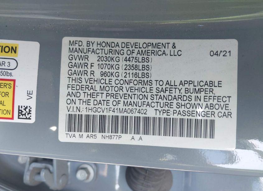Photo 9 of 2021 Honda Accord SPORT SPECIAL EDITION (VIN 1HGCV1F41MA067402)