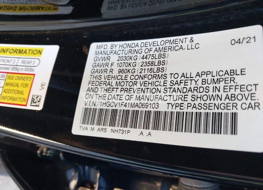Photo 9 of 2021 Honda Accord SPORT SPECIAL EDITION (VIN 1HGCV1F41MA069103)