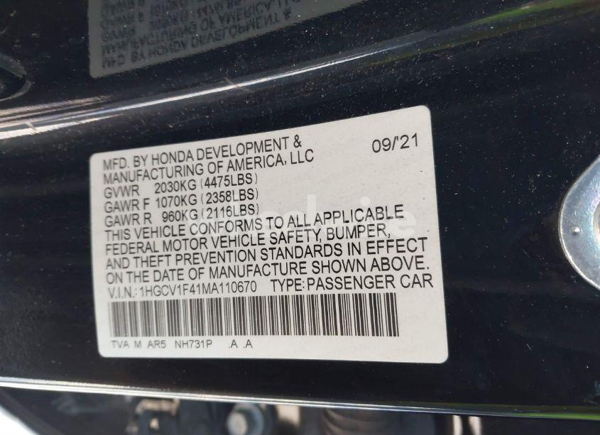Photo 9 of 2021 Honda Accord SPORT SPECIAL EDITION (VIN 1HGCV1F41MA110670)