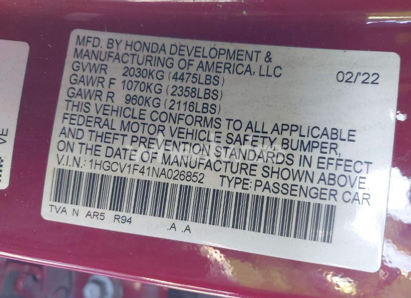 Photo 9 of 2022 Honda Accord SPORT SPECIAL EDITION (VIN 1HGCV1F41NA026852)