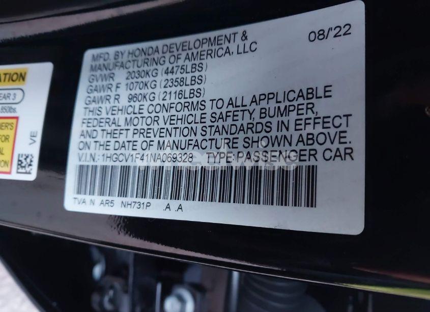 Photo 9 of 2022 Honda Accord SPORT SPECIAL EDITION (VIN 1HGCV1F41NA069328)