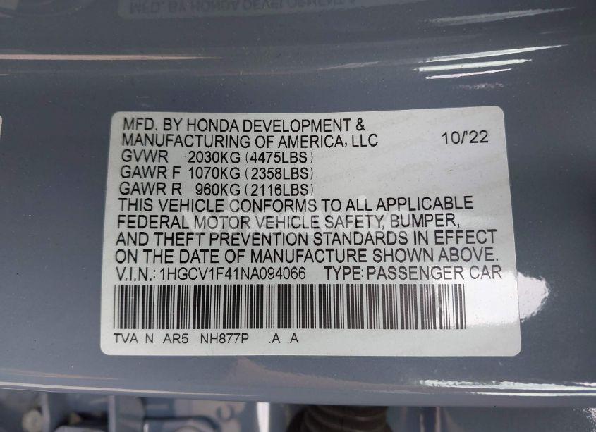 Photo 9 of 2022 Honda Accord SPORT SPECIAL EDITION (VIN 1HGCV1F41NA094066)