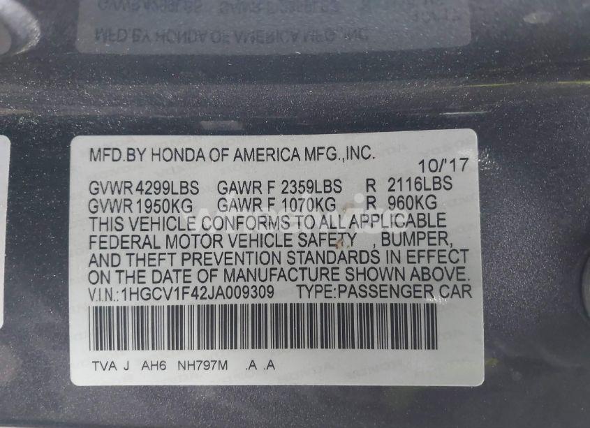 Photo 9 of 2018 Honda Accord EX (VIN 1HGCV1F42JA009309)