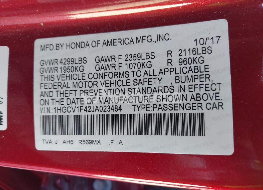 Photo 9 of 2018 Honda Accord EX (VIN 1HGCV1F42JA023484)