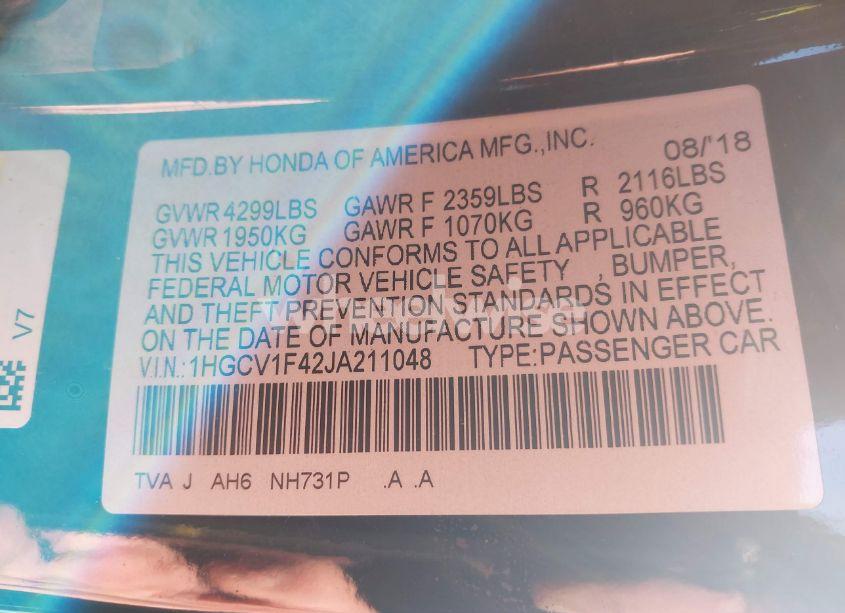 Photo 9 of 2018 Honda Accord EX (VIN 1HGCV1F42JA211048)