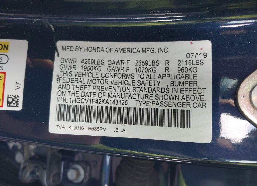 Photo 9 of 2019 Honda Accord EX (VIN 1HGCV1F42KA143125)