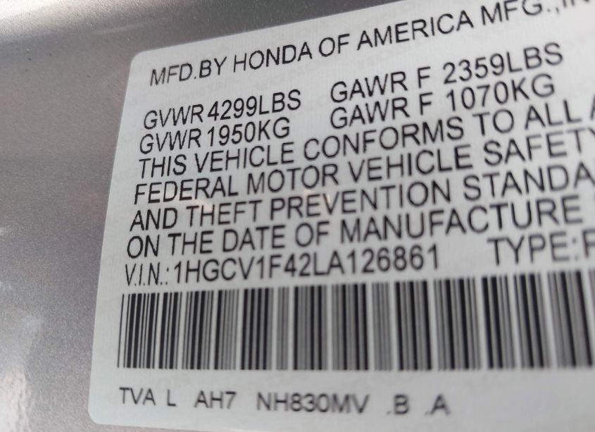 Photo 9 of 2020 Honda Accord EX (VIN 1HGCV1F42LA126861)