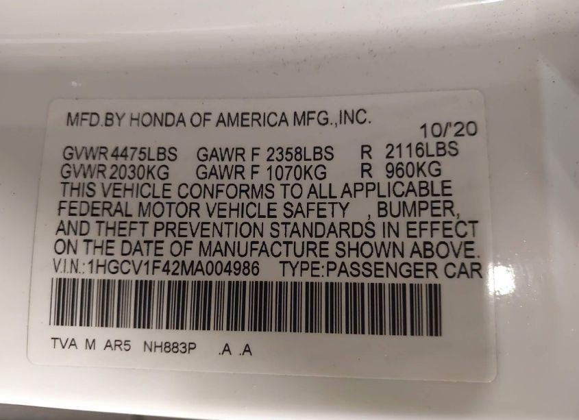 Photo 9 of 2021 Honda Accord SPORT SPECIAL EDITION (VIN 1HGCV1F42MA004986)